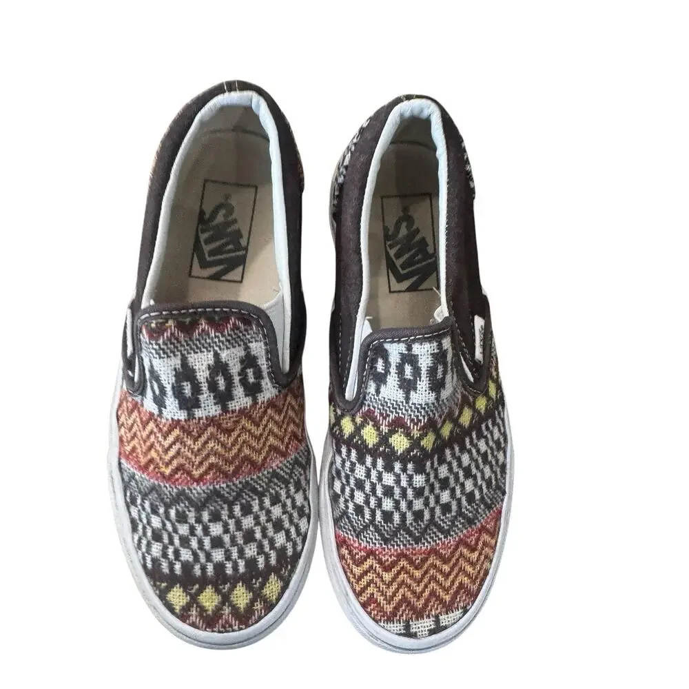 Vans Classic Slip On Fair Isle Brown Woven Textile Sneakers Size 3.5